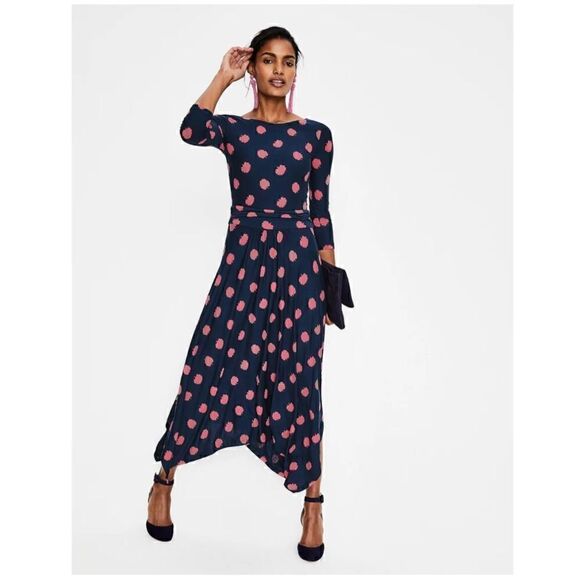 Boden Maisie Matte Navy and Pink All Over Floral Jersey Handkerchief Hem Midi Dr - Picture 1 of 13